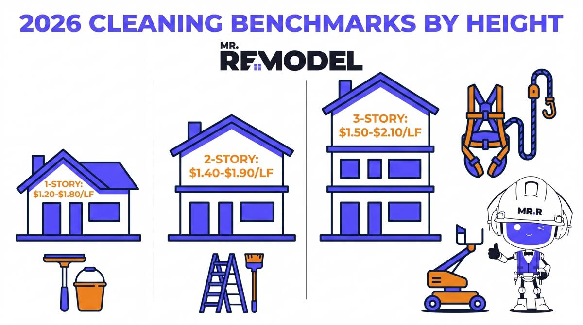 A pricing matrix showing how gutter cleaning rates increase based on home height and required safety staging in 2026.